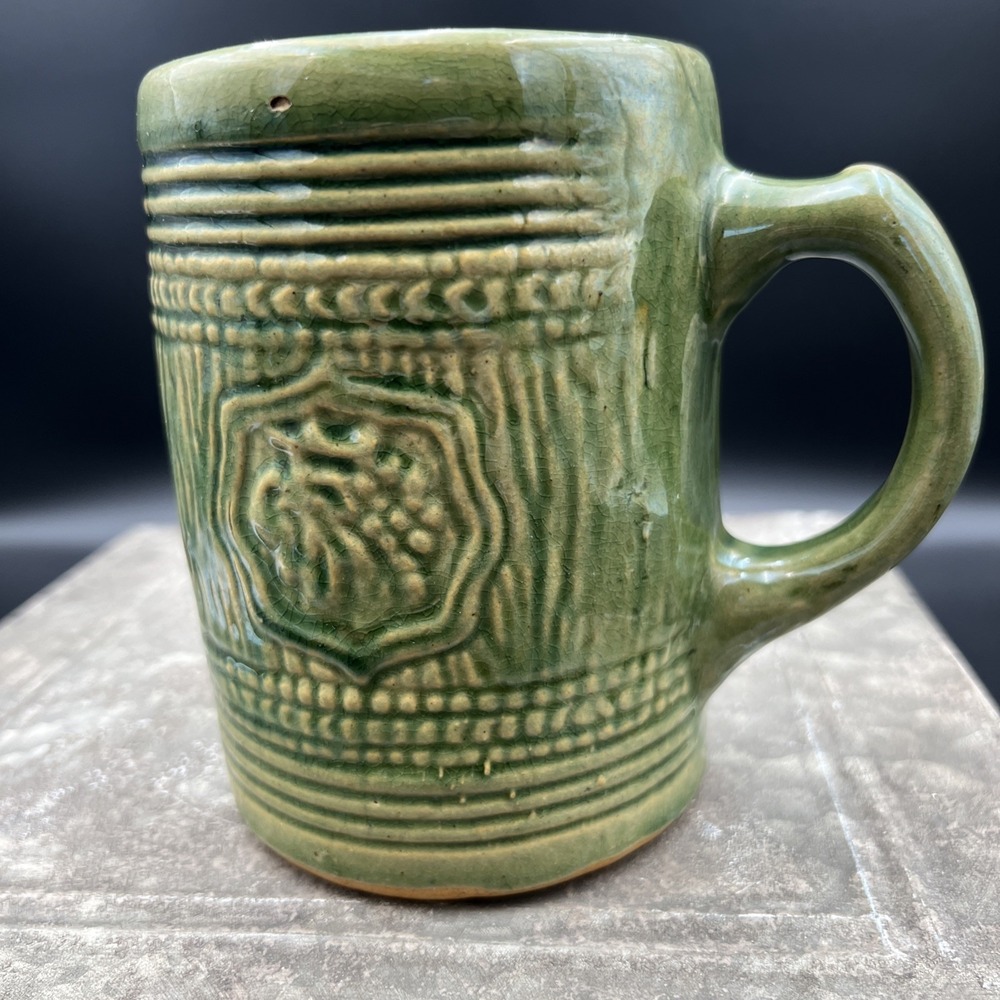Vintage 1920s McCoy Pottery Stoneware Beer Mug Stein Green Glaze Grapes Tankard